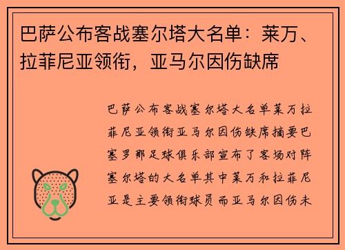 巴萨公布客战塞尔塔大名单：莱万、拉菲尼亚领衔，亚马尔因伤缺席